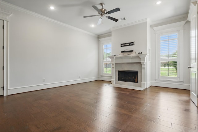 5400 Montgomery Rd, Little Rock, AR 72223 - unfurnished living room with a premium fireplace, recessed lighting, a ceiling fan, dark wood-type flooring, and ornamental molding