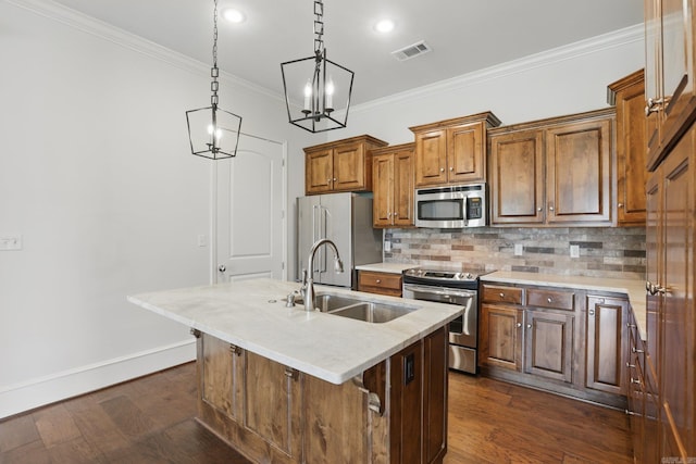 5400 Montgomery Rd, Little Rock, AR 72223 - kitchen with appliances with stainless steel finishes, a sink, crown molding, light countertops, and decorative backsplash