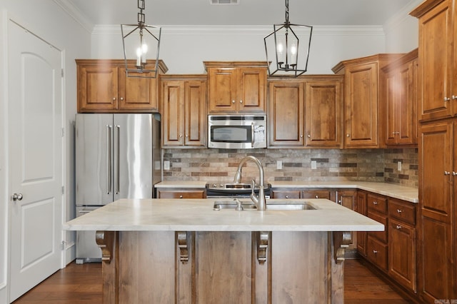 5400 Montgomery Rd, Little Rock, AR 72223 - kitchen with appliances with stainless steel finishes, light countertops, brown cabinets, ornamental molding, and dark wood-style floors
