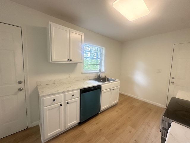 3003 Hollywood St, Texarkana, TX 75503 - kitchen featuring dishwashing machine, a sink, light wood-type flooring, white cabinetry, and baseboards