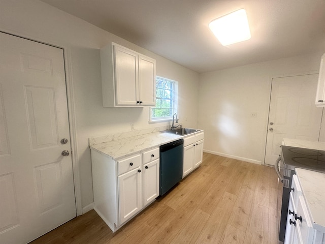 3003 Hollywood St, Texarkana, TX 75503 - kitchen featuring a sink, dishwasher, light wood finished floors, electric stove, and white cabinets