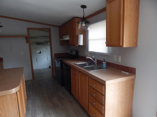 505 Main, West Point, AR 72178 - kitchen with a sink, black appliances, under cabinet range hood, light wood finished floors, and pendant lighting