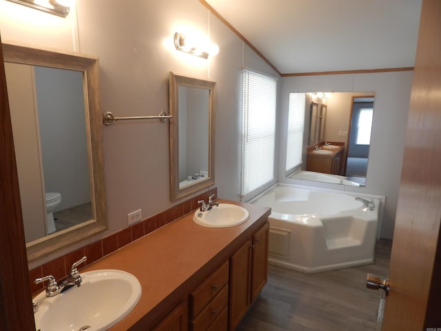 505 Main, West Point, AR 72178 - bathroom with lofted ceiling, toilet, healthy amount of natural light, a garden tub, and double vanity