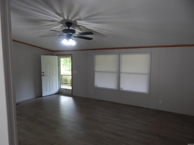 505 Main, West Point, AR 72178 - empty room with wood finished floors, a ceiling fan, and ornamental molding