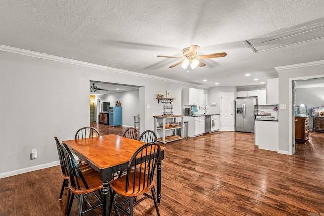 7110 Forest Dale Dr, North Little Rock, AR 72118 - dining space featuring ceiling fan, ornamental molding, a textured ceiling, dark wood-style floors, and recessed lighting