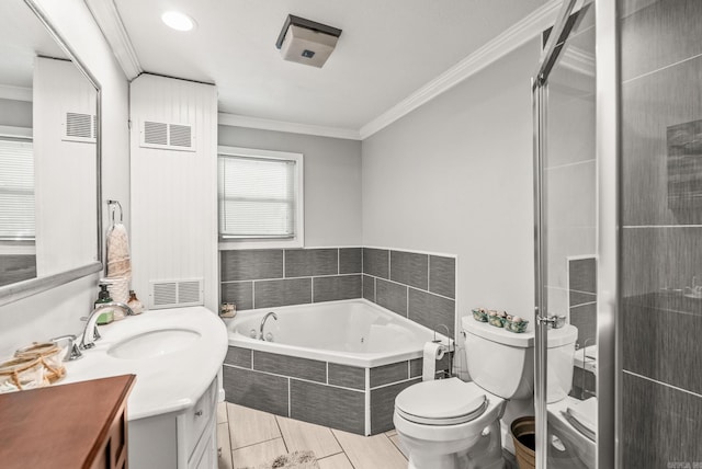 7110 Forest Dale Dr, North Little Rock, AR 72118 - full bathroom with vanity, crown molding, a bath, toilet, and a stall shower