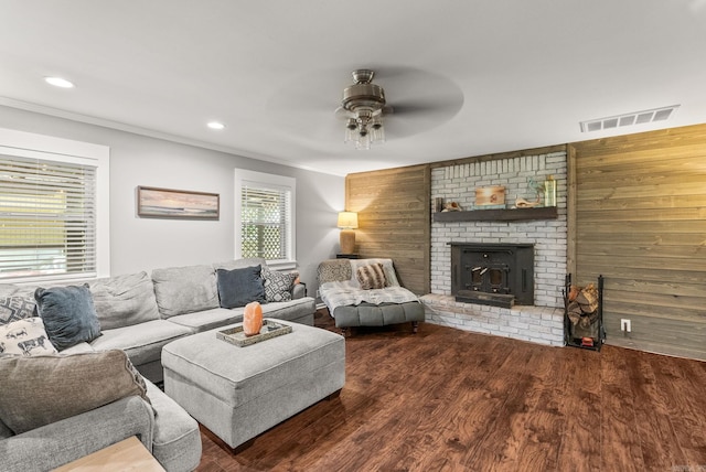7110 Forest Dale Dr, North Little Rock, AR 72118 - living area with a ceiling fan, crown molding, wood finished floors, wooden walls, and recessed lighting