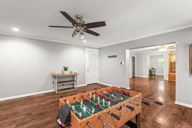 7110 Forest Dale Dr, North Little Rock, AR 72118 - playroom featuring a ceiling fan, ornamental molding, wood finished floors, baseboards, and recessed lighting