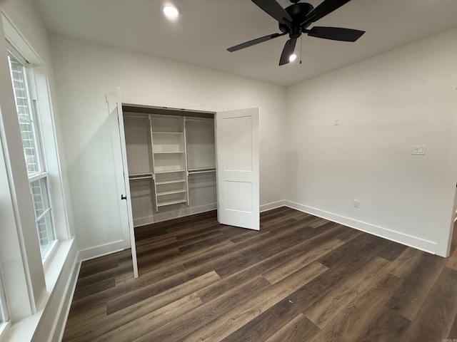 107 Elcano Dr, Hot Springs Village, AR 71909 - unfurnished bedroom with dark wood-type flooring, baseboards, a closet, recessed lighting, and a ceiling fan