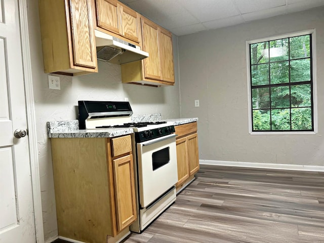 kitchen with white range with gas stovetop, under cabinet range hood, light wood-style floors, light countertops, and baseboards