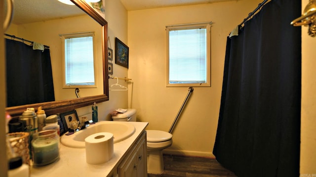 514 Proft Cir, Mena, AR 71953 - bathroom featuring toilet, wood finished floors, vanity, baseboards, and a shower with shower curtain