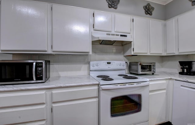 2931 Salem Rd, Benton, AR 72019 - kitchen featuring white appliances, under cabinet range hood, white cabinetry, decorative backsplash, and crown molding