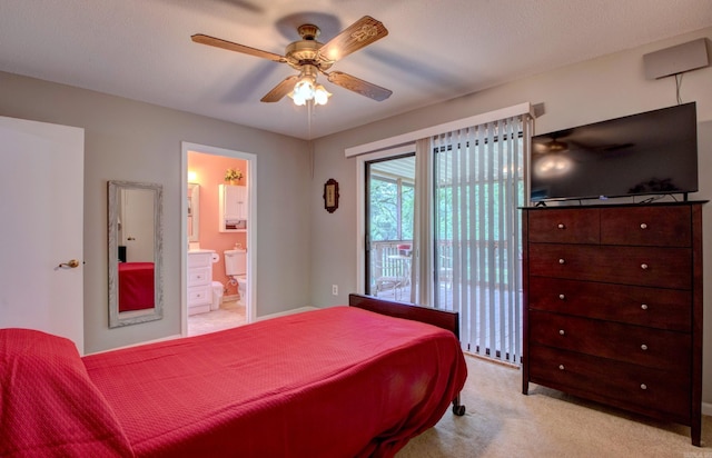 2931 Salem Rd, Benton, AR 72019 - bedroom featuring light colored carpet, connected bathroom, and a ceiling fan