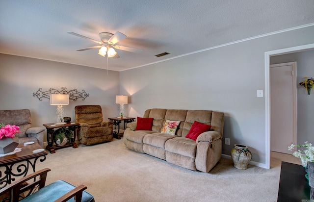 2931 Salem Rd, Benton, AR 72019 - carpeted living room featuring a ceiling fan, a textured ceiling, and ornamental molding