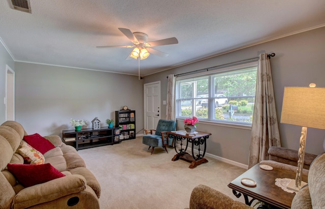 2931 Salem Rd, Benton, AR 72019 - living area featuring ceiling fan, carpet floors, ornamental molding, baseboards, and a textured ceiling