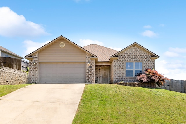 view of front of home with brick siding, an attached garage, concrete driveway, and a shingled roof