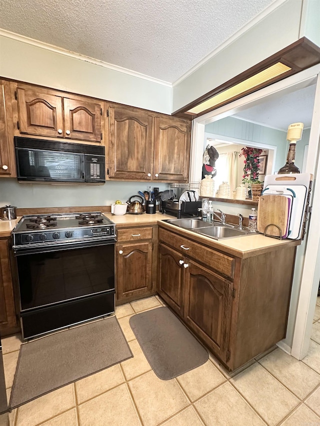 300 Michelle Ave, White Hall, AR 71602 - kitchen with black appliances, a sink, crown molding, a textured ceiling, and light countertops