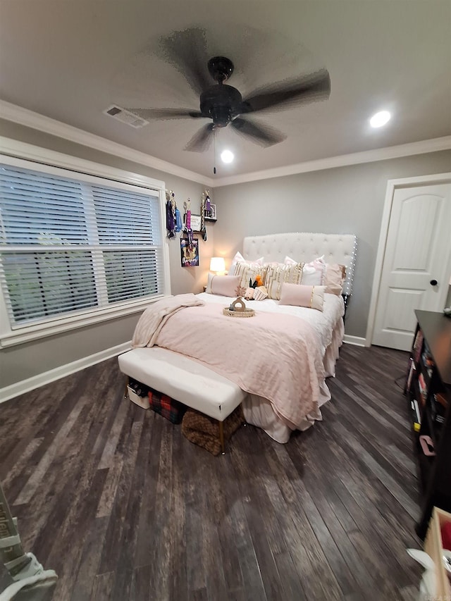 4401 Wagon Trace Cv, White Hall, AR 71602 - bedroom with ornamental molding, baseboards, wood finished floors, recessed lighting, and ceiling fan