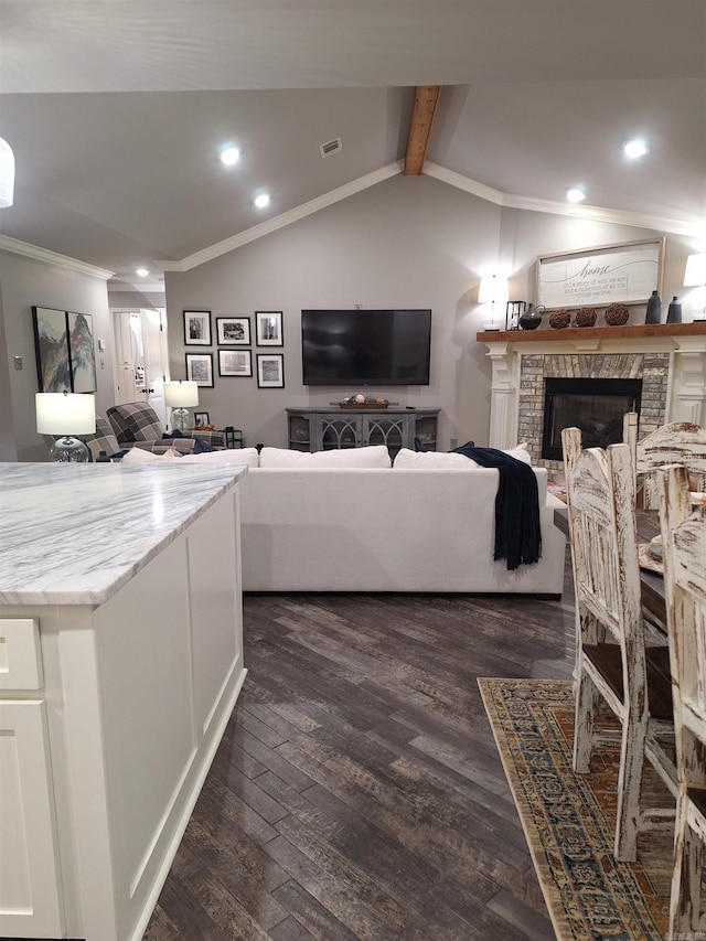 4401 Wagon Trace Cv, White Hall, AR 71602 - living area with ornamental molding, dark wood-type flooring, recessed lighting, and a fireplace