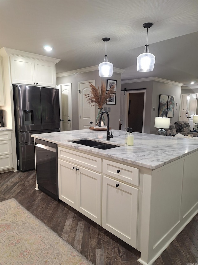 4401 Wagon Trace Cv, White Hall, AR 71602 - kitchen featuring a sink, dishwashing machine, stainless steel refrigerator with ice dispenser, crown molding, and light stone counters