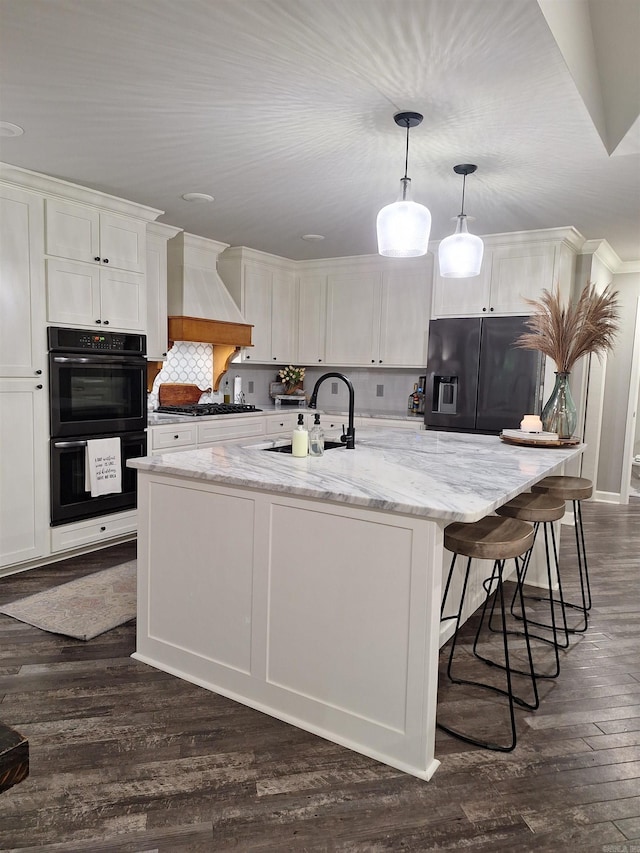 4401 Wagon Trace Cv, White Hall, AR 71602 - kitchen with black appliances, a sink, custom exhaust hood, crown molding, and white cabinetry