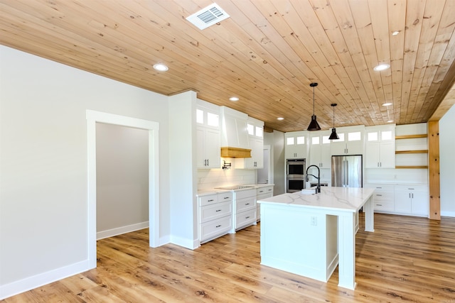 19300 Lake Winona Rd, Paron, AR 72122 - kitchen featuring open shelves, appliances with stainless steel finishes, custom exhaust hood, wood ceiling, and white cabinetry