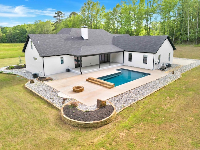19300 Lake Winona Rd, Paron, AR 72122 - rear view of house featuring a patio, roof with shingles, a lawn, a chimney, and an outdoor pool