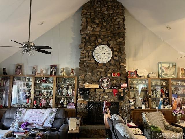 3244 Pyburn Ext, Pocahontas, AR 72455 - living area featuring a ceiling fan, vaulted ceiling, and a fireplace
