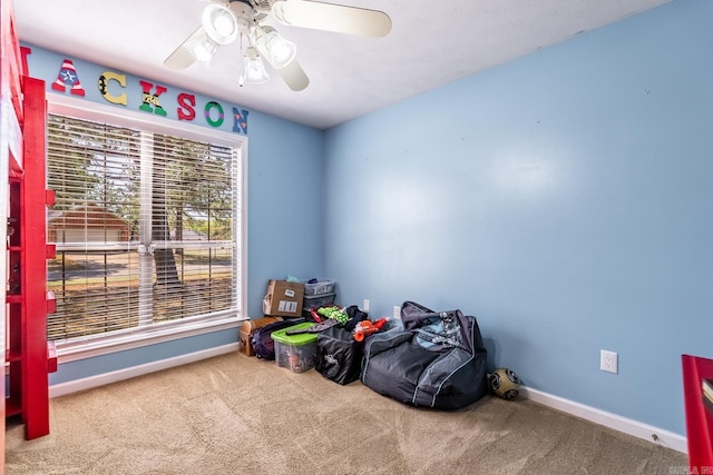 2960 Windamere Dr, Conway, AR 72034 - rec room featuring carpet floors, baseboards, and a ceiling fan
