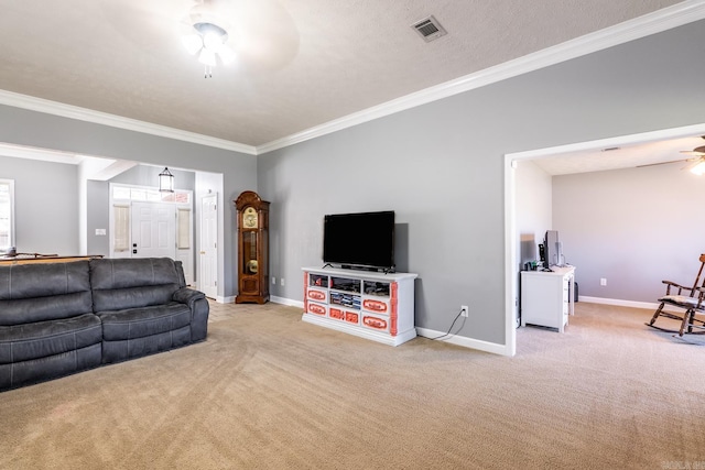 2960 Windamere Dr, Conway, AR 72034 - living room featuring light colored carpet, ornamental molding, ceiling fan, and baseboards