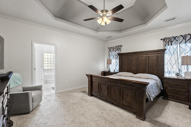 3720 Mcconnell Dr, Conway, AR 72034 - bedroom featuring a raised ceiling, light colored carpet, ornamental molding, connected bathroom, and ceiling fan