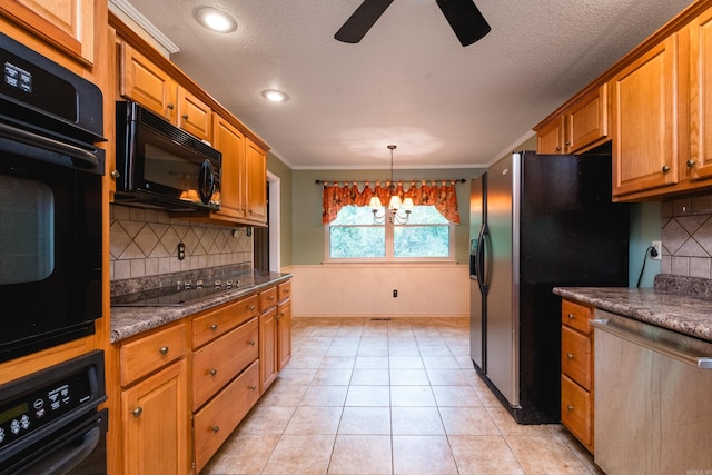 3400 Millbrook Rd, Little Rock, AR 72227 - kitchen featuring black appliances, dark countertops, ceiling fan, crown molding, and tasteful backsplash