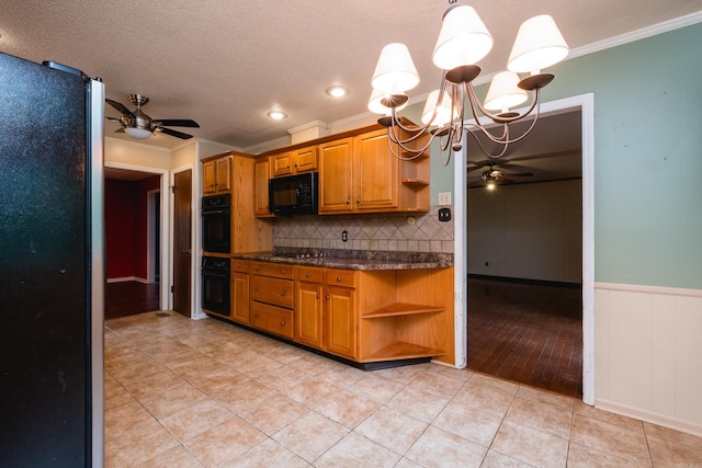 3400 Millbrook Rd, Little Rock, AR 72227 - kitchen with open shelves, a ceiling fan, black appliances, dark countertops, and crown molding