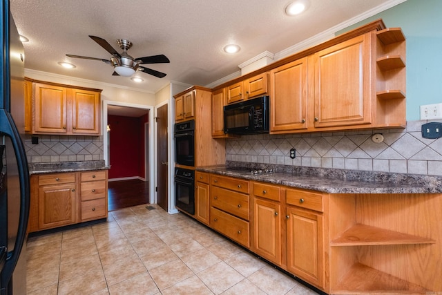 3400 Millbrook Rd, Little Rock, AR 72227 - kitchen with open shelves, black appliances, ornamental molding, dark countertops, and a ceiling fan