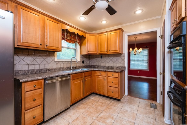 3400 Millbrook Rd, Little Rock, AR 72227 - kitchen with stainless steel appliances, a sink, dark countertops, crown molding, and decorative backsplash