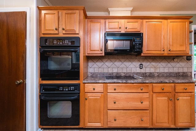 3400 Millbrook Rd, Little Rock, AR 72227 - kitchen with black appliances, crown molding, dark countertops, and decorative backsplash