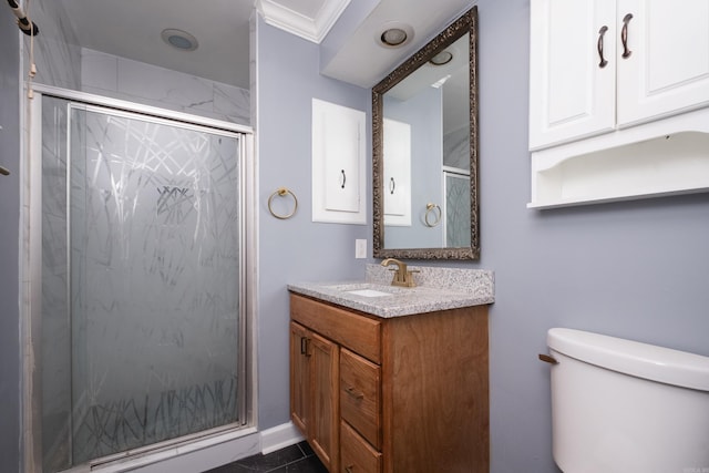 3400 Millbrook Rd, Little Rock, AR 72227 - full bath featuring toilet, a marble finish shower, vanity, crown molding, and tile patterned floors