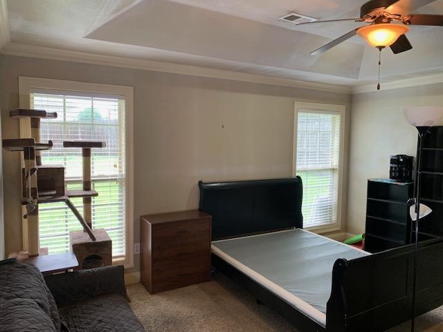 4709 Summit Rdg, Jonesboro, AR 72404 - carpeted bedroom featuring a tray ceiling, multiple windows, crown molding, and a ceiling fan