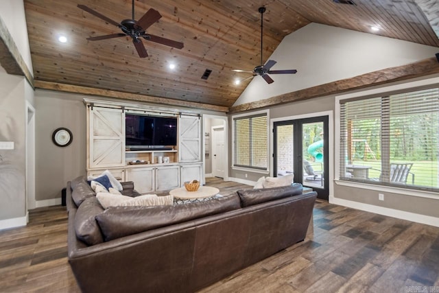 1125 Lisa Ln, Conway, AR 72034 - living room featuring a ceiling fan, wood ceiling, high vaulted ceiling, baseboards, and wood finished floors