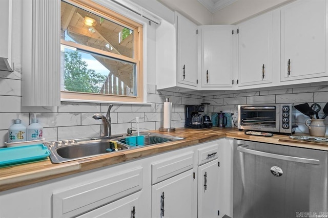 160 Cooper St Unit B11, Hot Springs, AR 71913 - kitchen with a sink, dishwasher, butcher block countertops, white cabinets, and ornamental molding