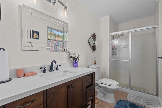 160 Cooper St Unit B11, Hot Springs, AR 71913 - full bath featuring vanity, toilet, a stall shower, tile patterned floors, and crown molding