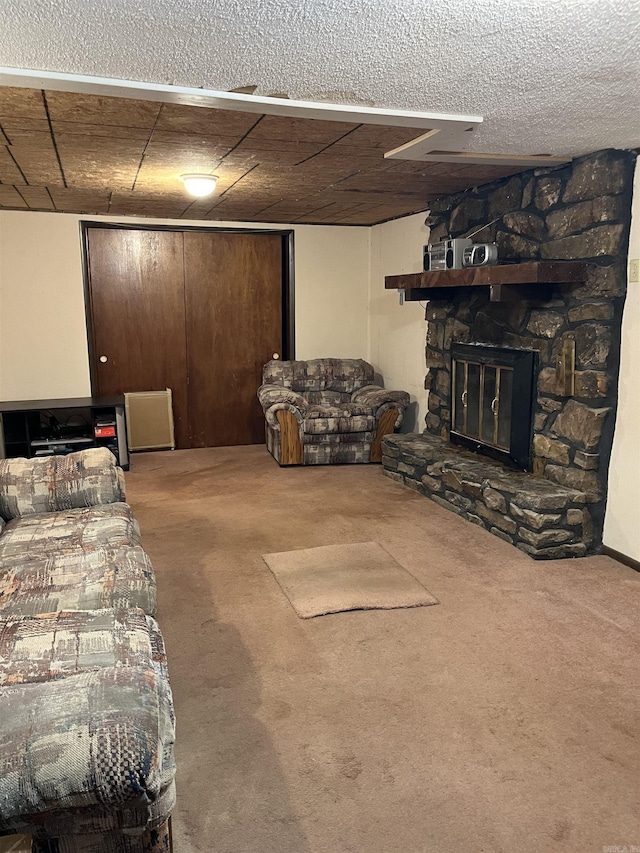 720 Depot St, Lonoke, AR 72086 - living room featuring carpet flooring and a stone fireplace