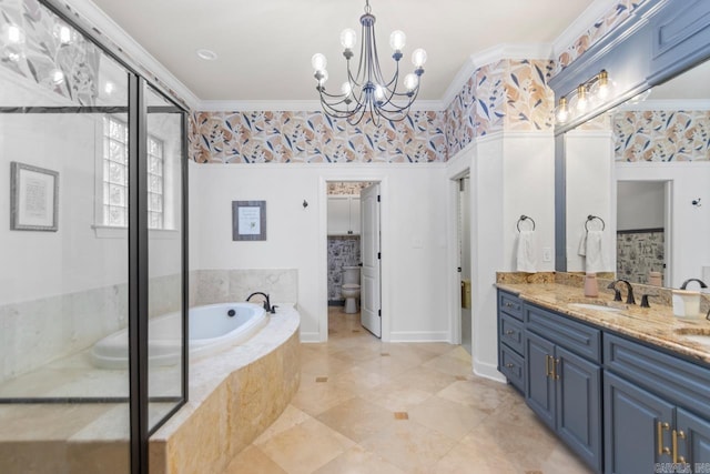 1517 Wetherborne Dr, Little Rock, AR 72211 - full bathroom with ornamental molding, a garden tub, double vanity, a chandelier, and tile patterned floors