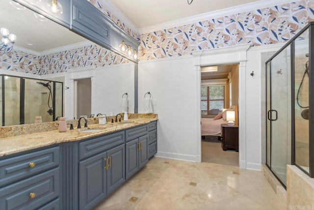 1517 Wetherborne Dr, Little Rock, AR 72211 - full bathroom with ornamental molding, connected bathroom, double vanity, a stall shower, and baseboards