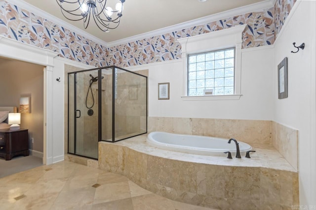 1517 Wetherborne Dr, Little Rock, AR 72211 - full bath with ornamental molding, a garden tub, a shower stall, a chandelier, and tile patterned flooring