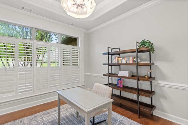 1517 Wetherborne Dr, Little Rock, AR 72211 - office area featuring wood finished floors, crown molding, baseboards, and a chandelier