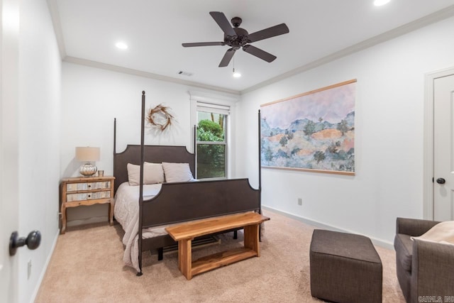 1517 Wetherborne Dr, Little Rock, AR 72211 - bedroom featuring crown molding, light colored carpet, baseboards, recessed lighting, and ceiling fan