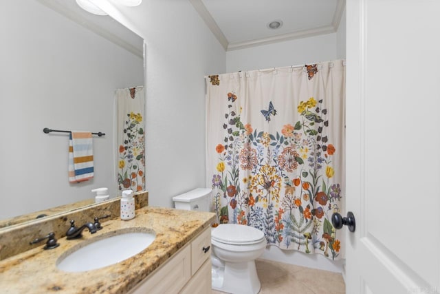 1517 Wetherborne Dr, Little Rock, AR 72211 - full bath with vanity, tile patterned floors, toilet, ornamental molding, and curtained shower
