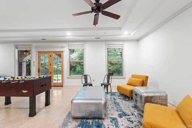 1517 Wetherborne Dr, Little Rock, AR 72211 - playroom with french doors, light tile patterned floors, baseboards, a ceiling fan, and recessed lighting
