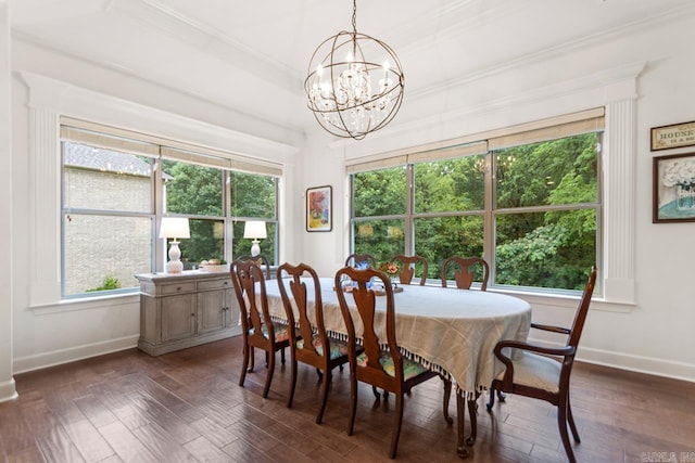 1517 Wetherborne Dr, Little Rock, AR 72211 - dining room with baseboards, ornamental molding, a chandelier, plenty of natural light, and dark wood-style floors